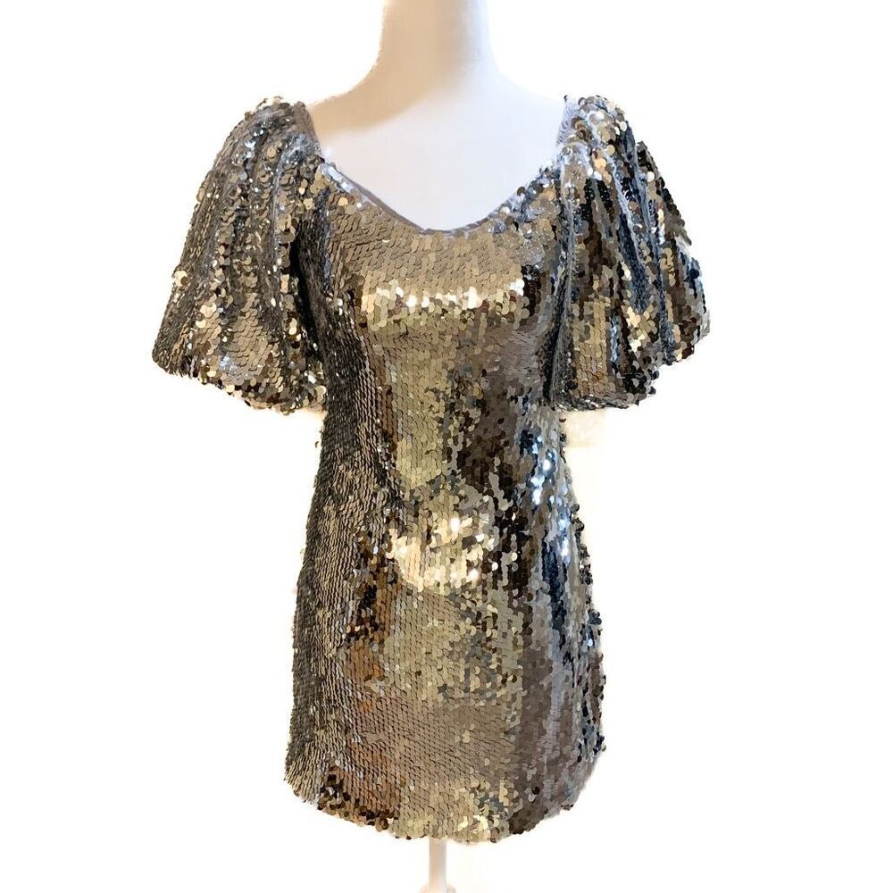 RHODE Dali Sequin Mini Dress Silver Sweetheart Puff Sleeve Size 0 NWT